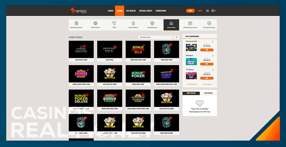 Image of Ignition Casino Video Poker Game Selection