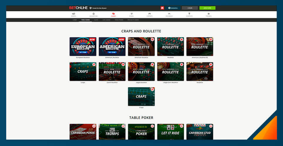 Image of BetOnline Casino's Roulette Selection