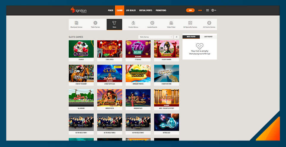 Image of Ignition Casino's slot game selection