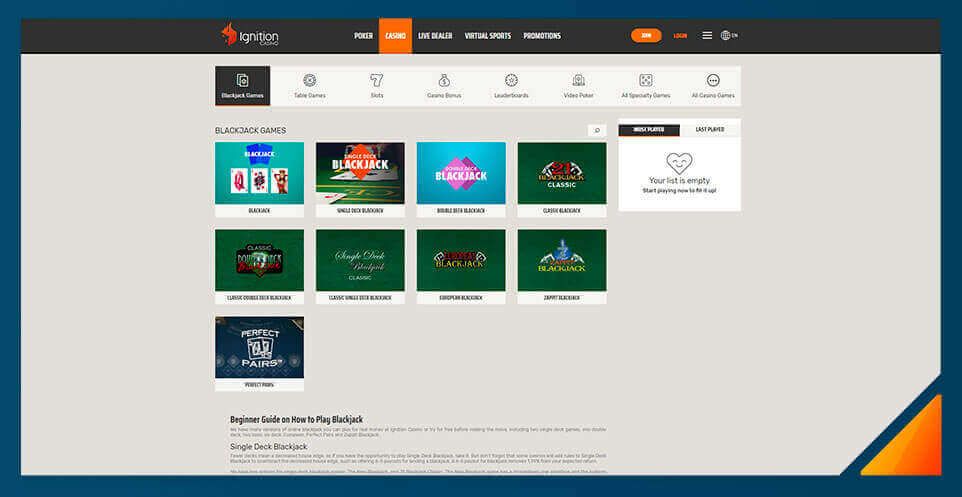 Image of Blackjack games at Ignition Casino