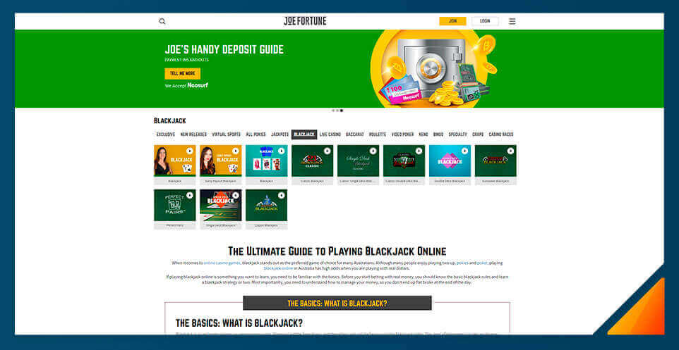 Image of Blackjack games at Joe Fortune