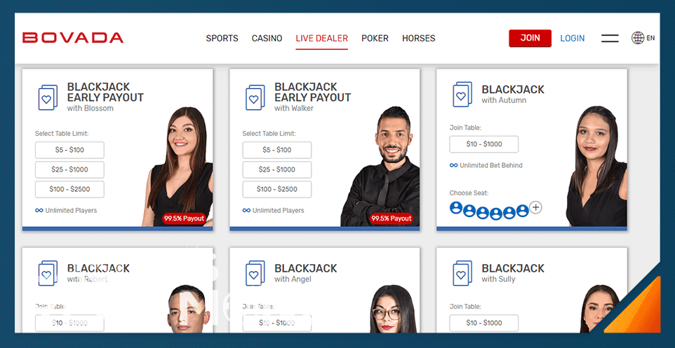 screenshot of bovada's live dealer blackjack product