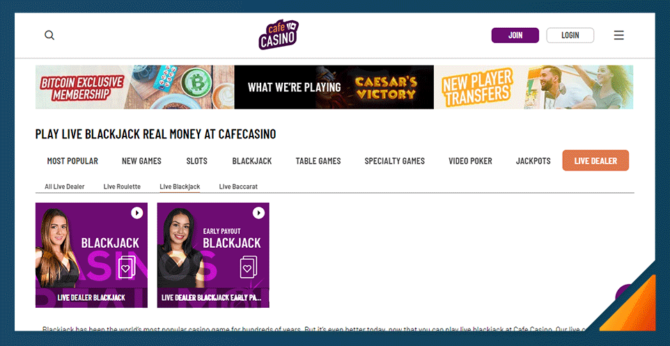 screenshot of cafe casino's live dealer blackjack product