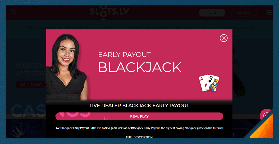 screenshot of slots.lv's live dealer blackjack product