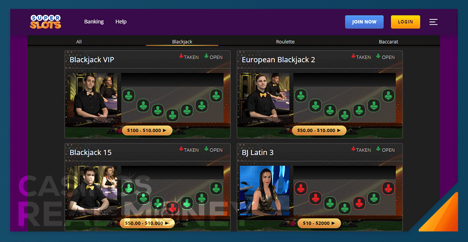 screenshot of superslots.ag's live dealer blackjack product