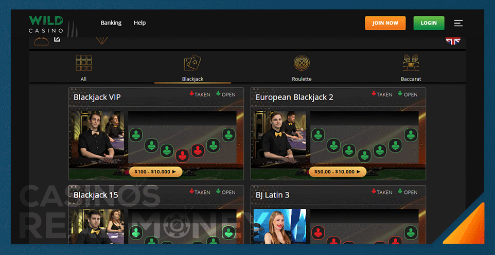 screenshot of wild casino's live dealer blackjack product