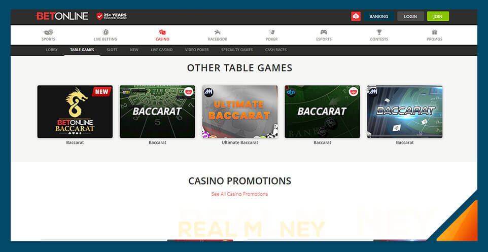 Image of BetOnline Casino's Real Money Baccarat Games